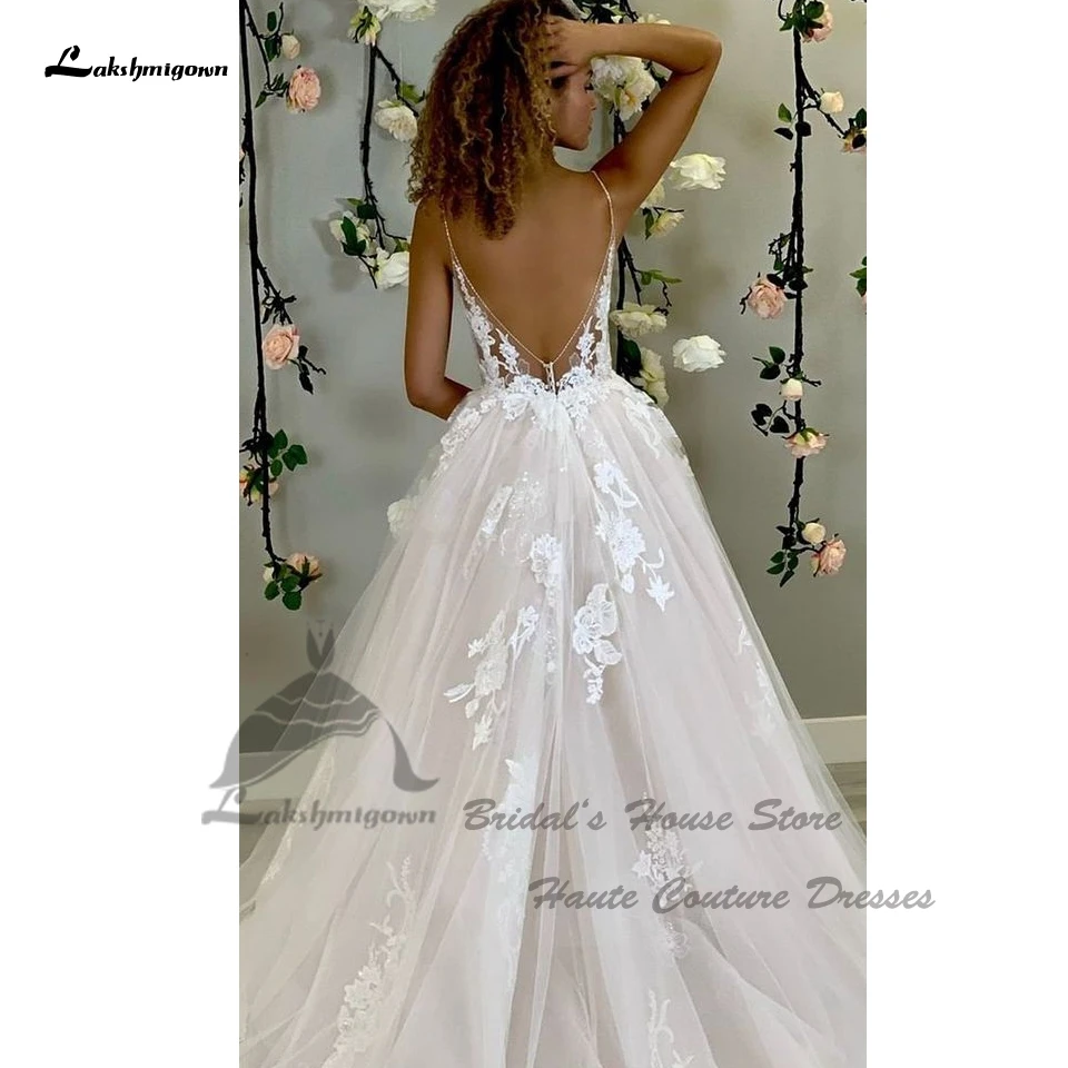 wedding dresses Sexy Women Boho Beach Wedding Dress V neck 2022 Glitter Lace Bodice Chic Robe Bridal A Line Tulle Wedding Dresses Open Back lace wedding dress