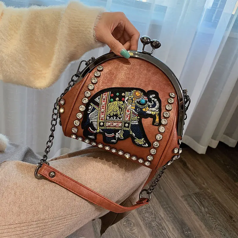 women bag 6 Новая Винтажная сумка с вышивкой в виде слона с замком поцелуя, Сумки из искусственной кожи на цепочке, женская сумка через плечо, богемные женские сумки - Цвет: women bag 6