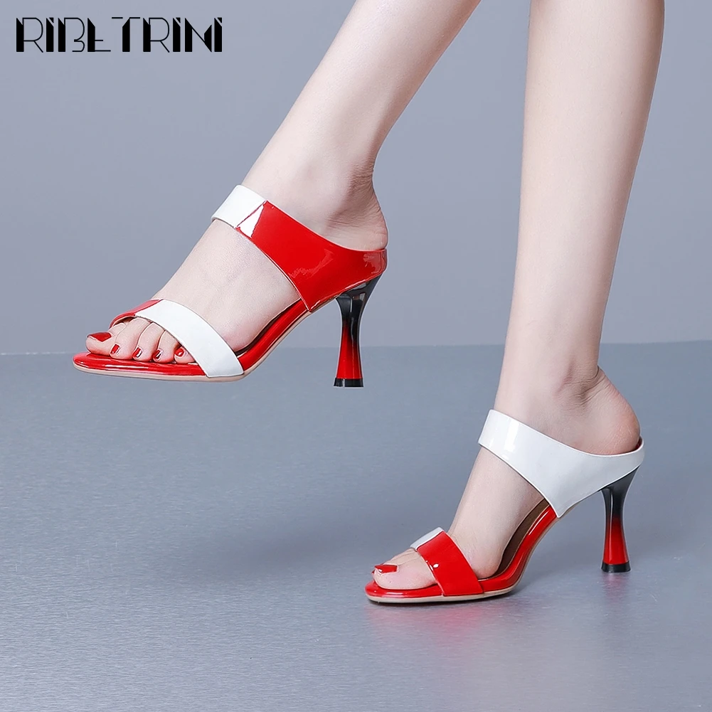 

RIBETRINI Big Size 33-43 Brand New Lady Mixed Colors Thin High Heel Footwear Patent Leather Slippers Women Party Sexy Mules