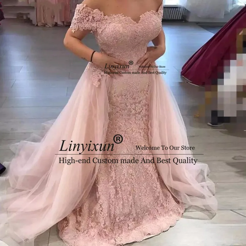 pink Арабское румяное розовое кружевное вечернее платье русалки со съемной юбкой элегантные золотые серые вечерние платья для выпускного Дубай - Цвет: pink