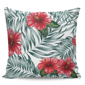 

Red Hibiscus Flower Green Plant Leaves Home Pillowcase Double-sided Plush Pillow Case Living Room Sofa Cushion Cover