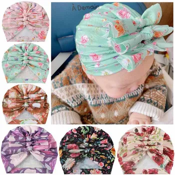 

Spring And Autumn Children's Hat Soft Knitted Bow Flowers Printing Hat For Infant Newborn Toddlers