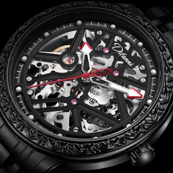 Difanni Reloj de pulsera deportivo para hombre, cronógrafo automático con tallado hueco, correa de acero inoxidable, mecánico, resistente al agua