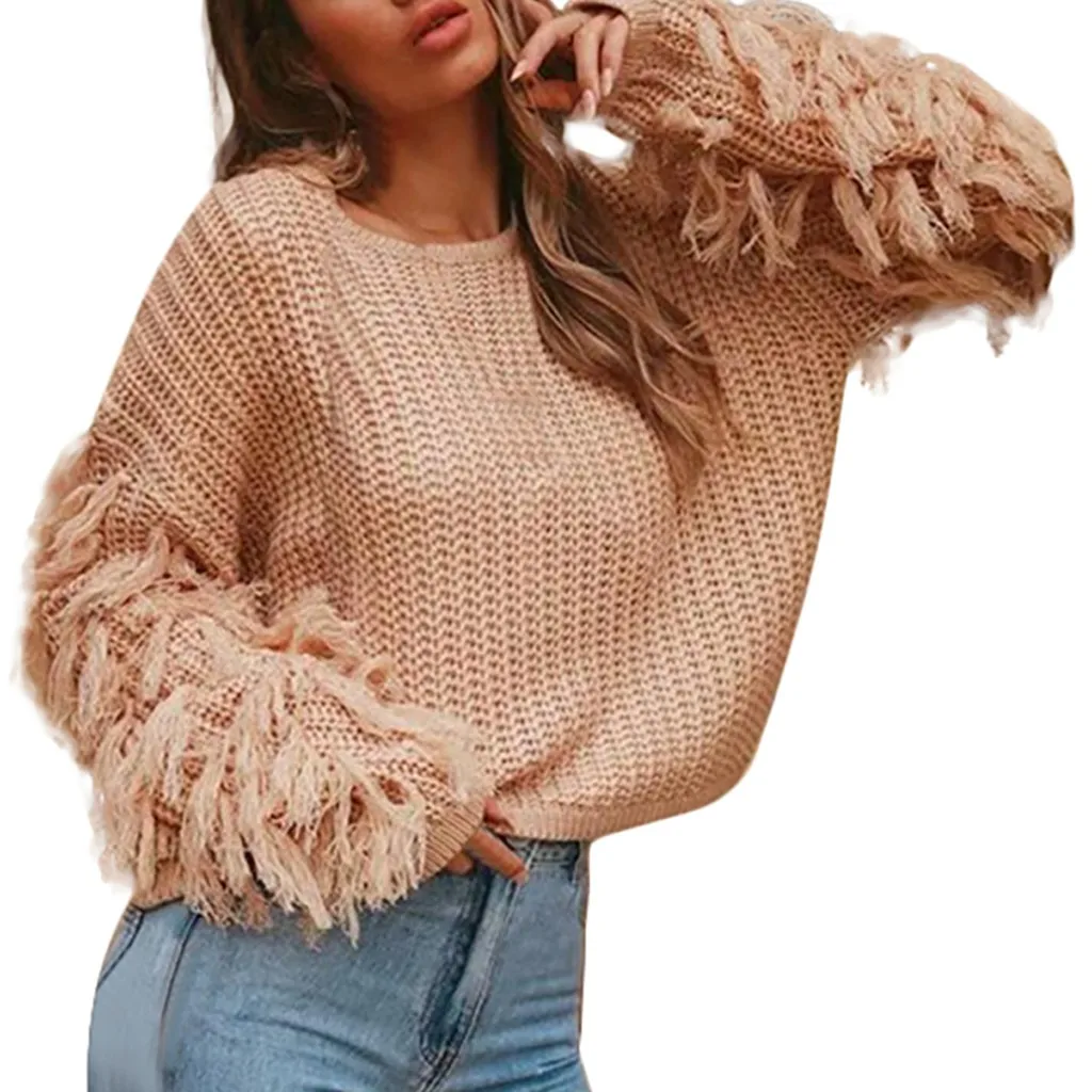 

Women Sweater Feitong Casual Tassel Plus Size Solid Pullover O-Neck Long Sleeve Loose Women Sweaters Blouse Tops Свитер женский
