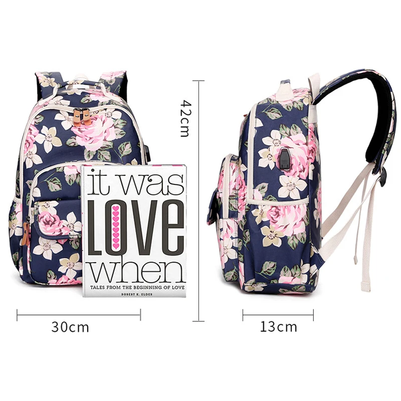 Женский рюкзак с цветочным принтом, водонепроницаемый, зарядка через usb, школьные рюкзаки для девочек, рюкзак для ноутбука, рюкзак для путешествий, рюкзак для колледжа, Mochila