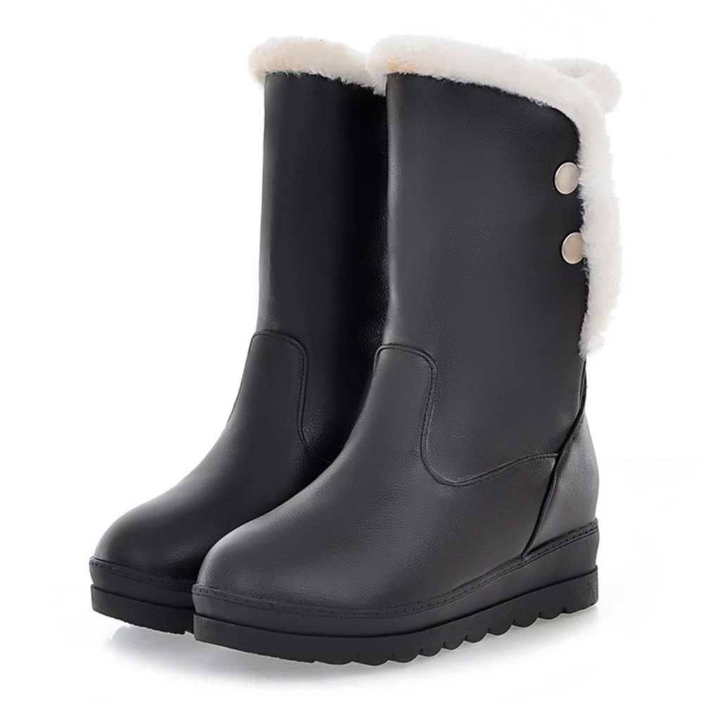 RIBETRINI Hot Sale Large Size 34-42 Increasing Heels Mid Calf Boots Women Shoes Woman Slip On Add Fur Warm Winter Boots Woman