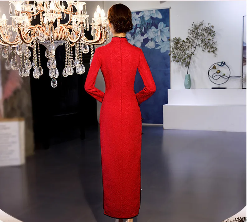 Sheng Coco с длинным рукавом Кружева китайские платья Cheongsam свадебное платье традиционное вечернее платье женская Новогодняя одежда осень