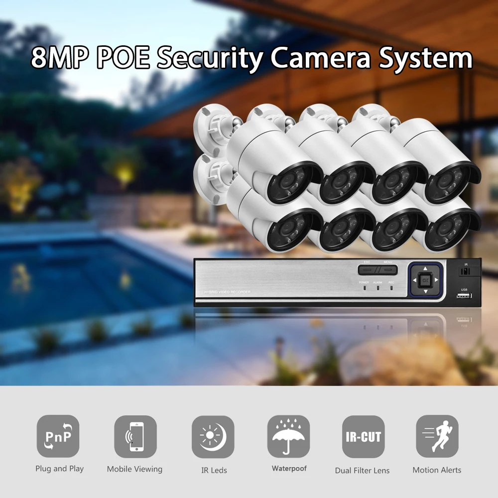 4K 8MP Ultra HD POE NVR System Kit Outdoor CCTV Record Security  Surveillance 8MP IP Camera Outdoor Home Video Camera Set