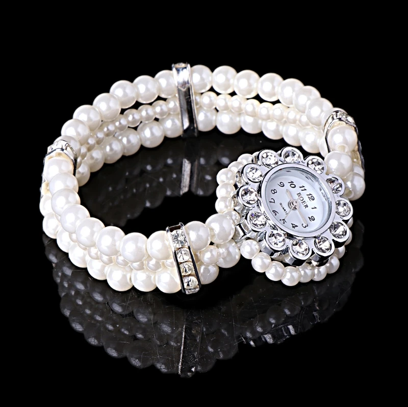 

Women's White Pearl String Strap Wrap Wrist Watch Crystal Accented Beads Style U50C