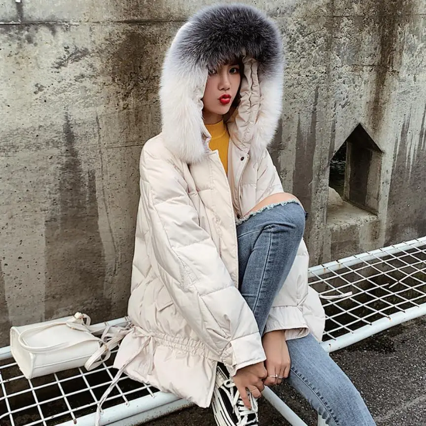 beige Всесезонная распродажа, большой цветной пуховик с лисьим мехом, Женская пуховая куртка с вышивкой, большой меховой капюшон, тонкий теплый пуховик на утином пуху, wq2565 - Цвет: beige