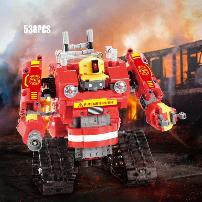 

technic transformation Fireman robot block Crawler Fire engine Truck 2in1 2.4Ghz rc brick WITH SOUND radio remote control toy