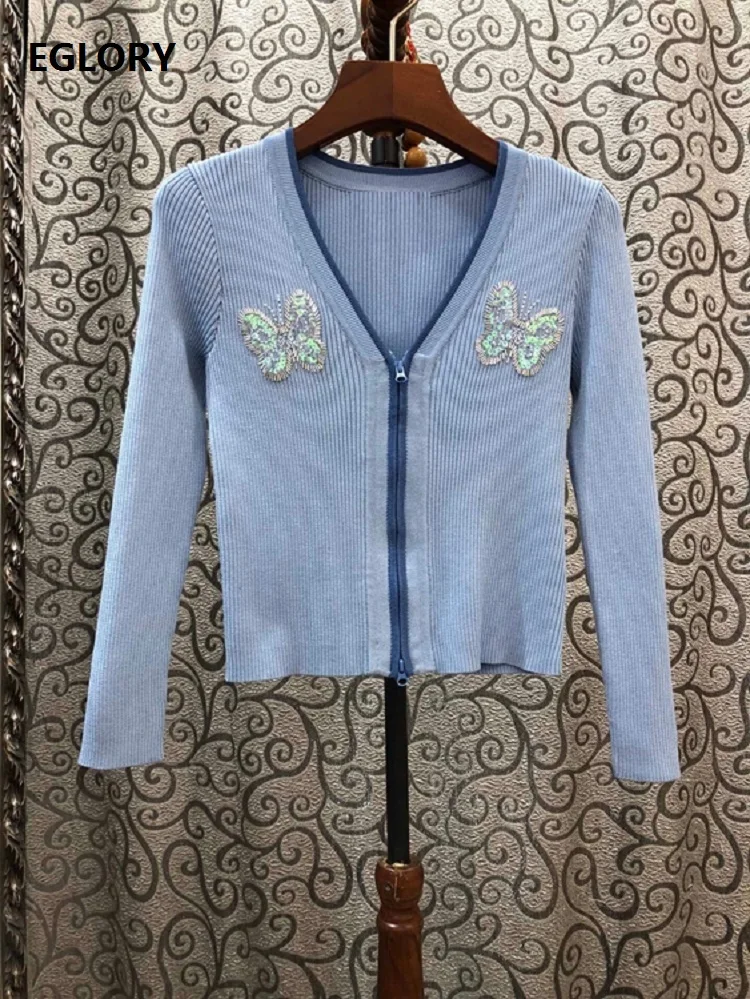 

2020 Spring Summer Autumn Fashion Cardigan Coat Women Sequined Butterfly Patterns Knitting Long Sleeve Blue Apricot Tops Sweater