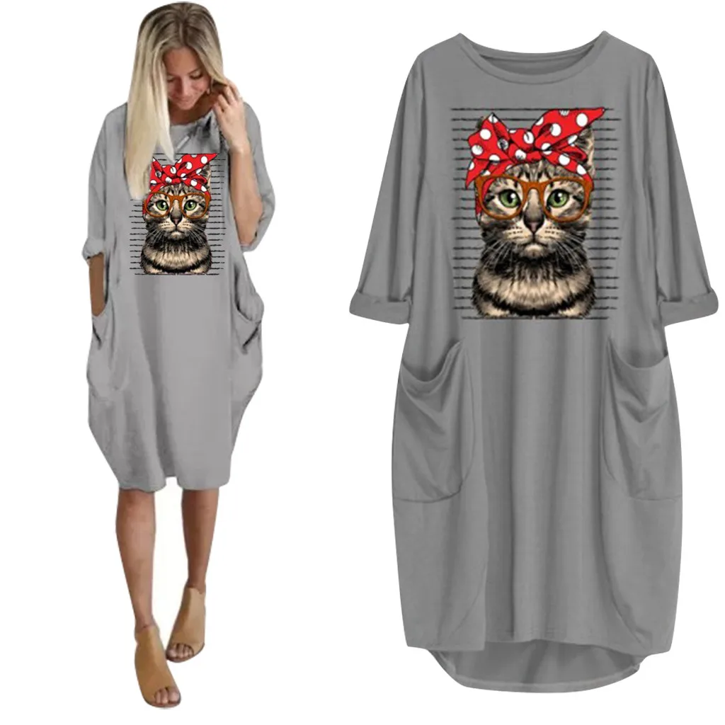 Cat Long Dress Women Plus Size 3XL O-Neck платье Summer Fashion HOT Long Sleeve Printed Short Mini Autumn A-Line Dress Wholesale