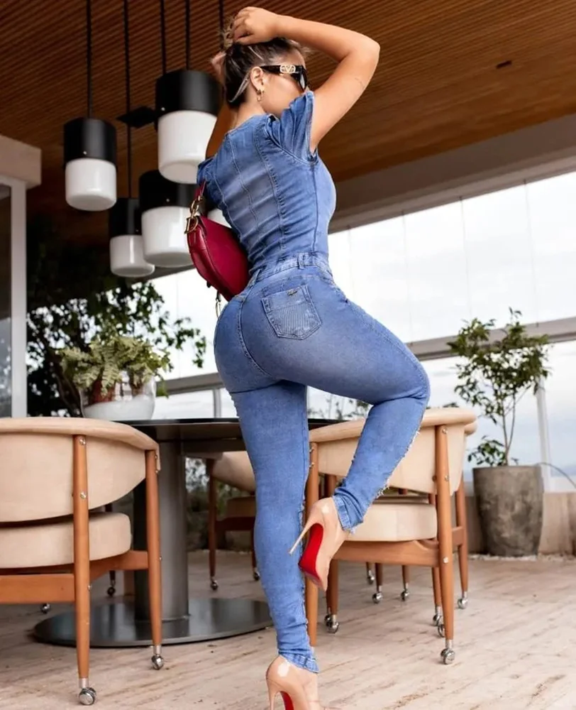 Ripped Jeans Jumpsuit Sexy Women Short Sleeve Blue Bodycon Casual Denim  Overalls Rompers