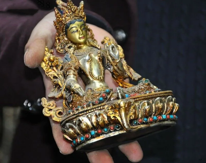 Свадебное украшение " Серебряная филигранная 24k Золотая позолота инкрустация драгоценных камней Зеленая Тара Куан-Инь статуя Будды