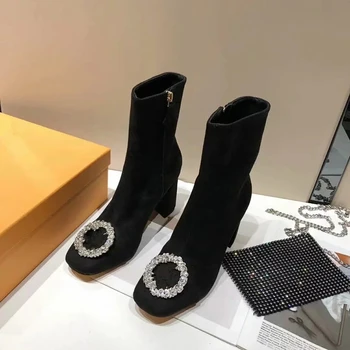 

Women Zipper thin sole Peep Toe suede boots shiny crystal diamond thick square high heels Ankle boots Genuine Leather shoes warm