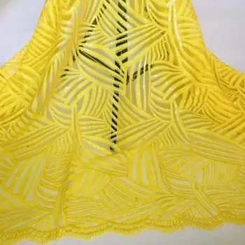 

Latest Yellow African Mesh Lace Fabric High Quality Sequins Embroiderey Lace French Tulle Laces fabric For Nigerian Wedding