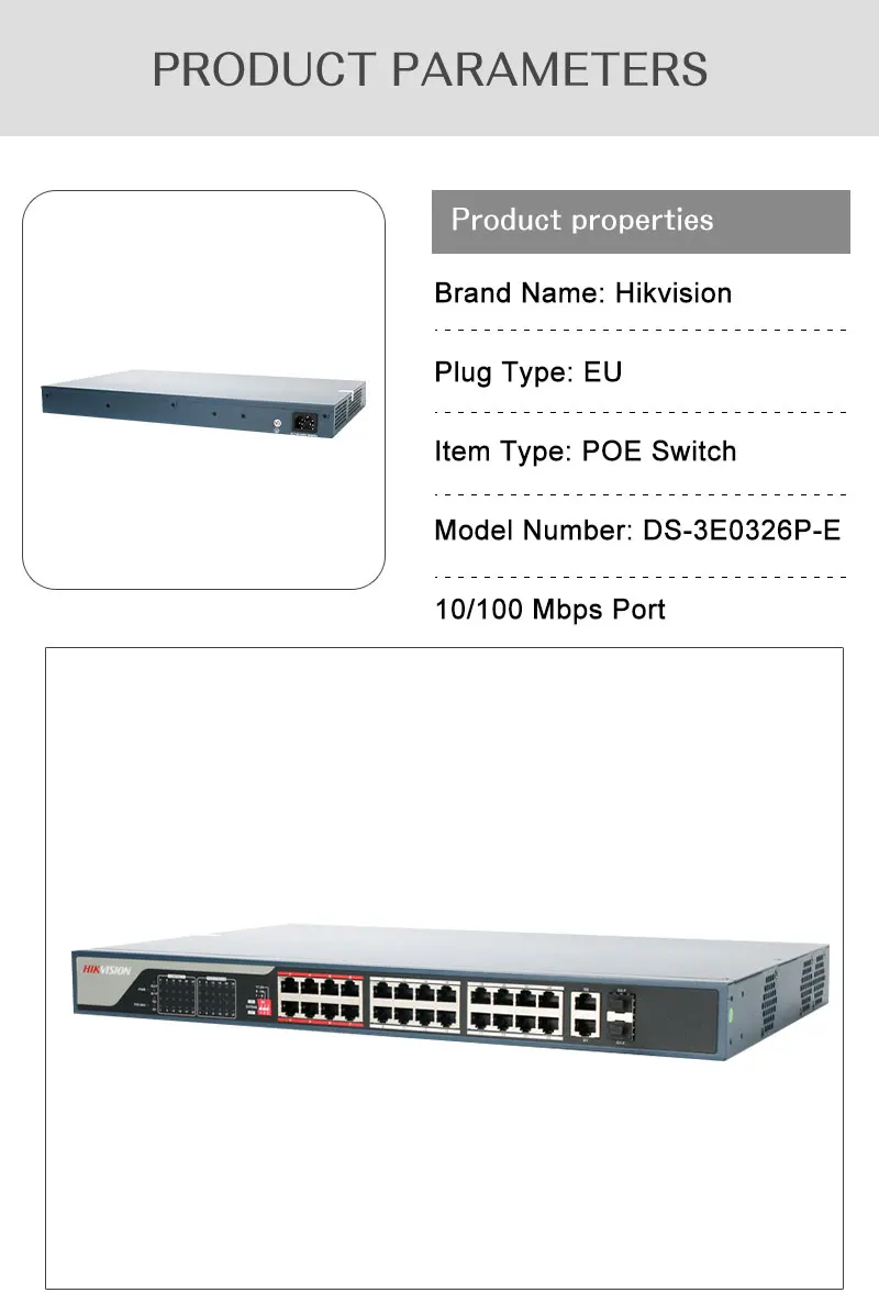 Hikvision DS-3E0326P-E PoE коммутатор 24 порта 10/100 Мбит/с PoE порты + 2 порта Uplink 1000 м для 24CH NVR и CCTV IP Camera