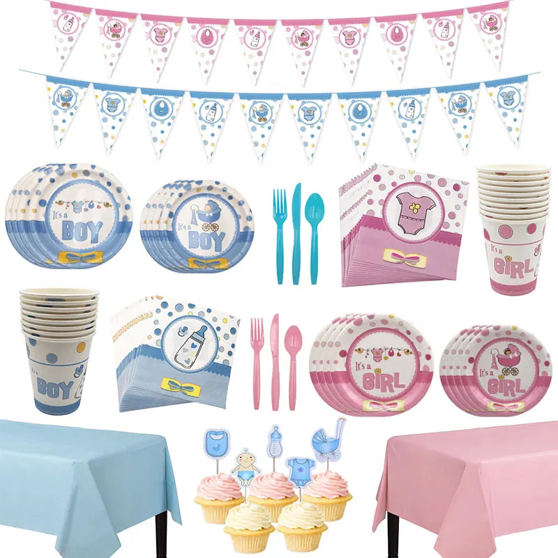 Boy or Girl Gender Reveal Disposable Tableware Cup Plate Napkin Tablecloth Garland Baby Shower Birthday Party Decoration Supplie