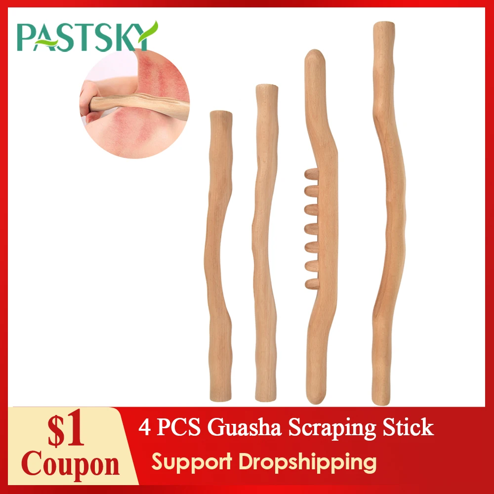4Pcs/set Guasha Scraping Stick for Back Shoulder Neck Waist Leg Massage Fat burner Meridian Brush Tools Made From Natural Wood