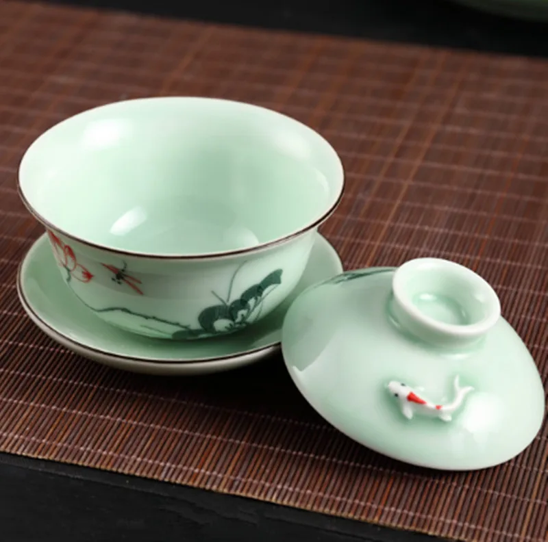 Тисненый Лотос рыба Gaiwan ручная роспись чайный тюрен Longquan узор крышка чайные чаши