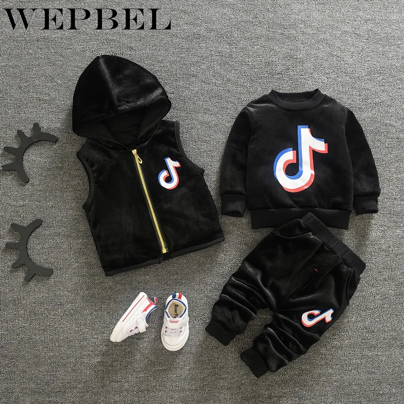 WEPBEL/осенне-зимний комплект одежды для маленьких девочек и мальчиков; детская одежда; детский утепленный жилет с капюшоном; свитер; брюки; спортивные костюмы из 3 предметов