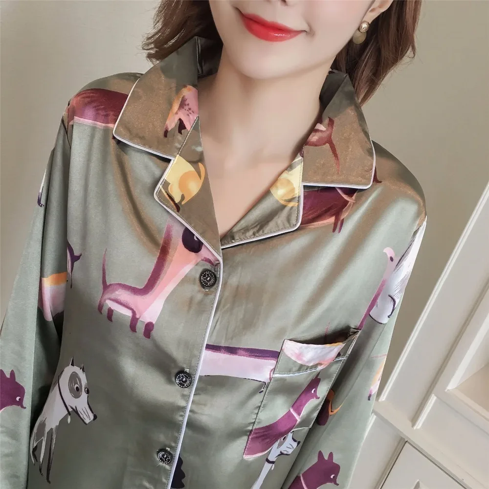 BZEL новые пижамы для Для женщин женского белья комплект одежды из 2 предметов шелковая ночная рубашка мультфильм животных пижамы с длинным