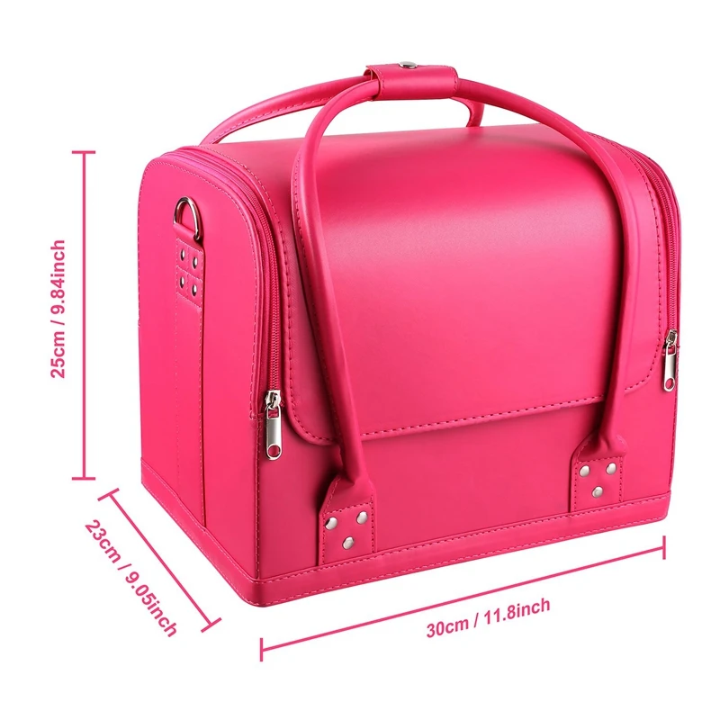 Pink Makeup Train Case 3 Layer Makeup Organizer Bag with Shoulder Strap Adjustable Dividers for Cosmetics Makeup Brushes Toiletr