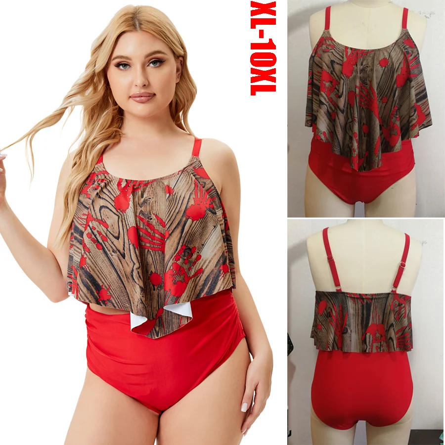 

2023 New Plus Size XL-10XL Womens Bikini 2 Piece Swimsuit Ruffle Soft Cup Tankini Swimwear High Waist Bathing Suit