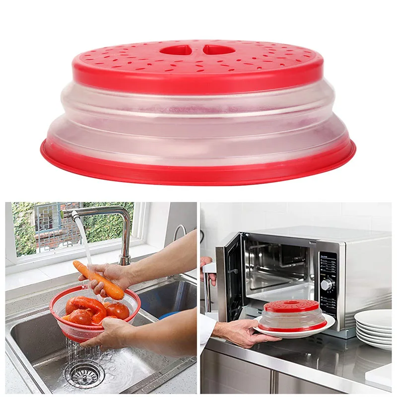 

Collapsible Microwave Cover Silicone Fruit Vegetables Colander Strainer Washing Basket Folding Microwave Plate Lid Kitchen Tools