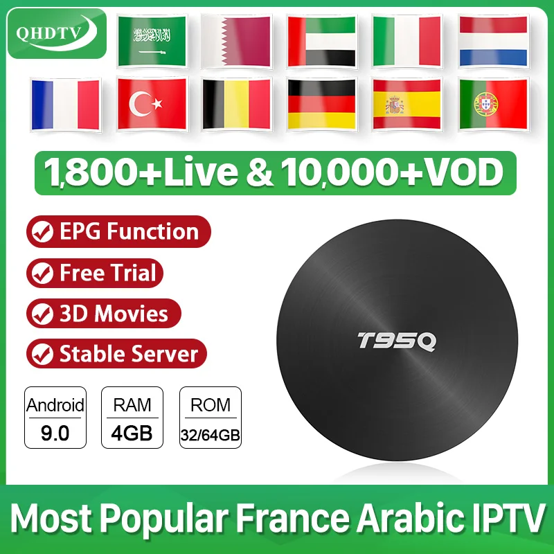 Арабский IPTV Франция Испания T95Q Android IPTV 1 год QHDTV подписка коробка BT4.1 двухдиапазонный wifi H.265 4K голландский IPTV французский