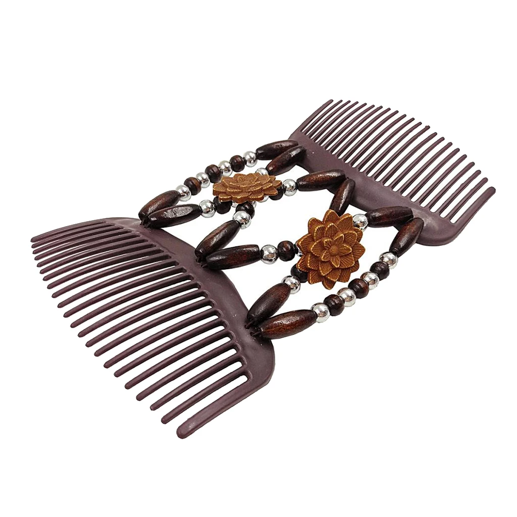 Double Stretch Hair Combs Woman With Wood Beads Vintaje Woman Lady Elastic Clip