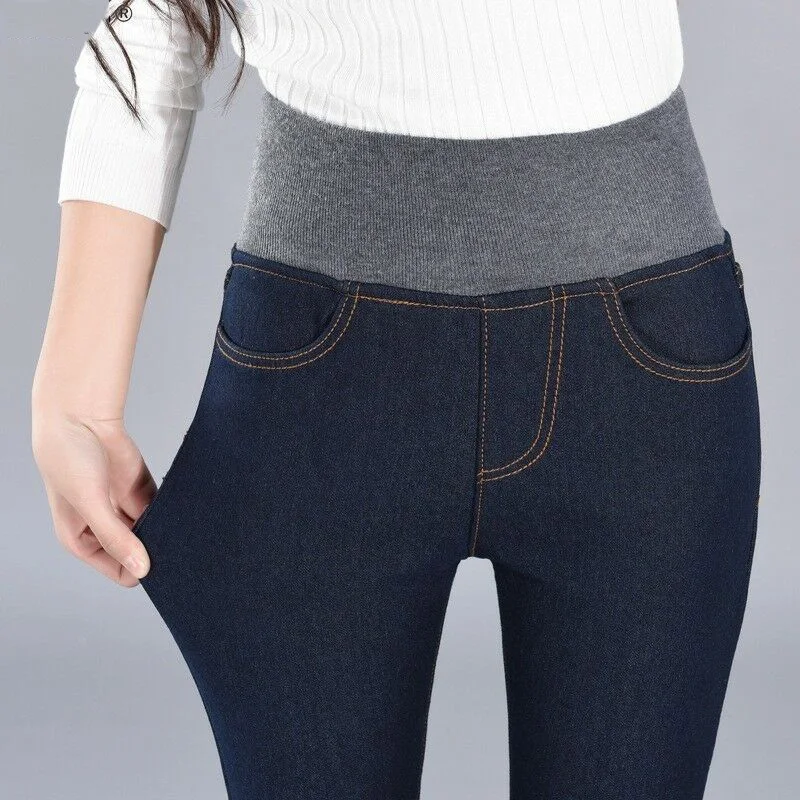 

Hot Sale Women Winter Thick Thermals Warm Fleece Outdoor Jeans Pants Ropa Mujer New High Waist Trousers Slim Pants Women