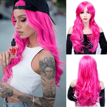 

LUPU 24" Brown Red Pink Blonde Black Long Wave Synthetic Cosplay Wigs With Bangs For Women High Temperture Fiber
