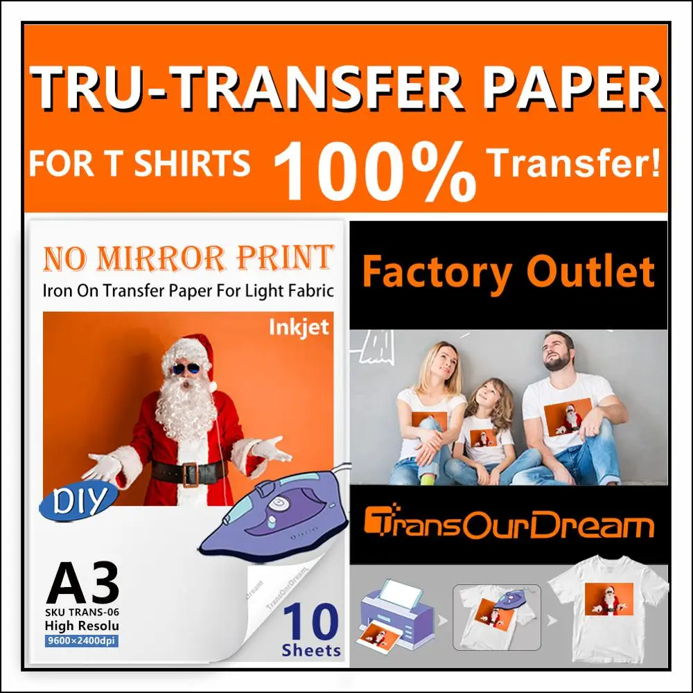 

TransOurDream Tru-Transfer Paper. 10 Sheets A3 Iron on Transfer Paper. Heat Transfer Paper for White & Light Fabric T-shirts.