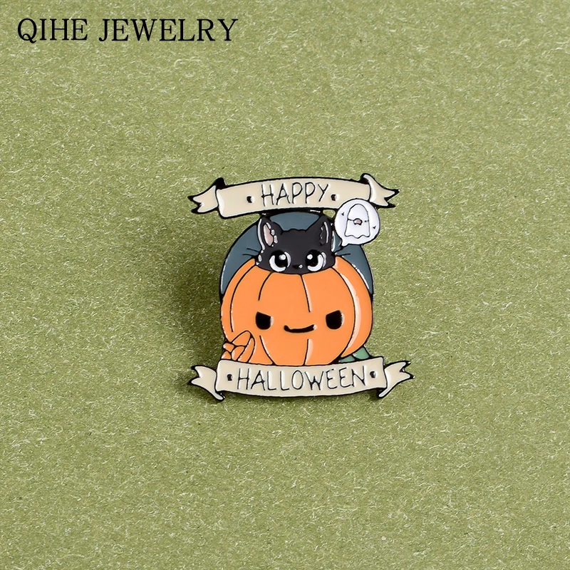 Хэллоуин Тыква булавки и надписью &quotHappy Halloween&quot брошь для вечеринки черного кота