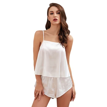 

Summer Women Sexy Silk Pajamas Set Solid Sleepwear Sexy Satin Nightwear 2 Pieces Set Backless Tops and Shorts Homewear PJ Set