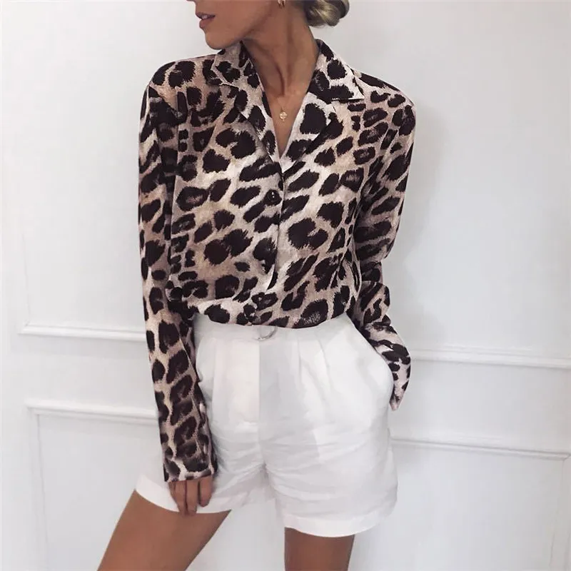 Fashion new long-sleeved casual leopard print V-neck chiffon ladies top