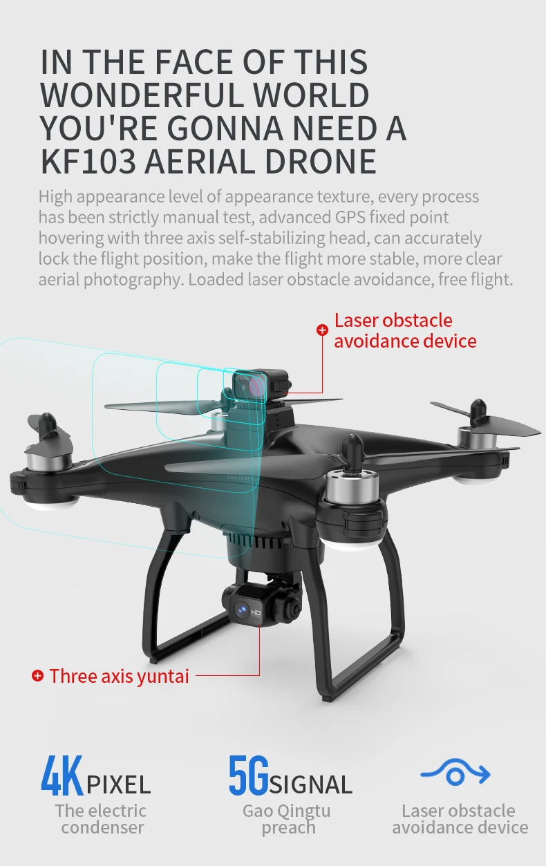 KF103 Drone, advanced GPS fixed point hovering with three axis self-stabilizing head, can accurately