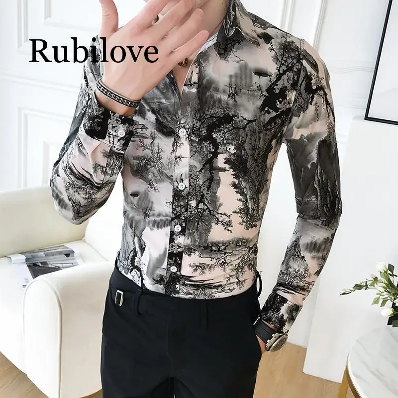 Rubilove Корейская приталенная Мужская рубашка, фирменная новинка, с длинным рукавом, с принтом, мужские повседневные рубашки, Ночные Клубные/вечерние/Выпускные рубашки, мужская одежда