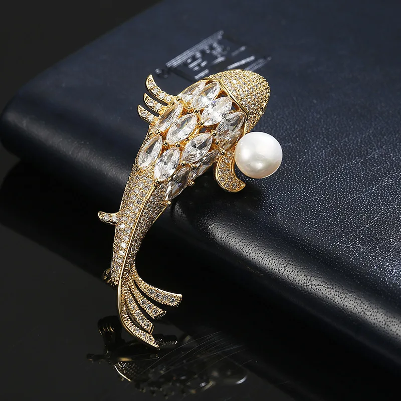 KingDeng Natural Pearl Brooch Korean Personalized Zircon Enamel Pin Women Jewelry Gold Fish Lapel Pin Gifts for Men Cute Copper