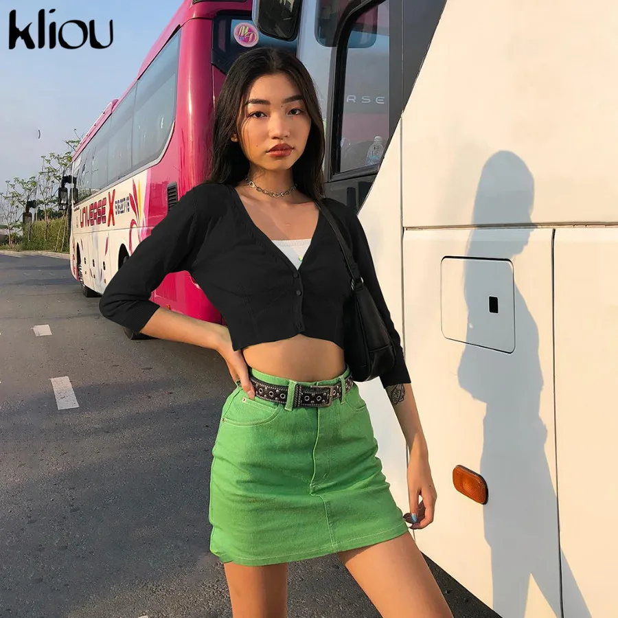

Kliou 2019 new autumn women Button hoodies slim V-Neck crop female clothes white black Full sleeve sexy hoody short Tops