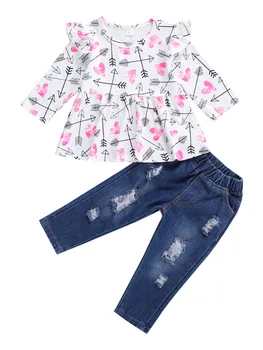 

Imcute 2020 Baby Spring AutumnClothing 2 Pieces Kids Suit Set Floral Print Round Neck Long Sleeve Top and Ripped Jeans for Girls
