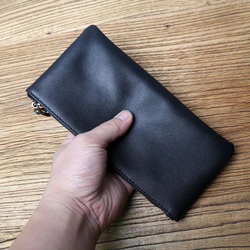 Nzpj-男性用のロングレザーウォレット,ジッパー付きトップ層