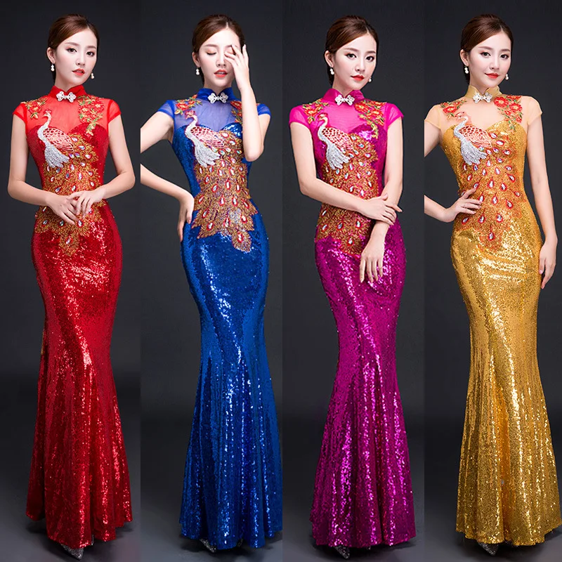 Павлин Вышивка блёстки китайский стиль Длинные Cheongsam сексуальные тонкие вечерние платья сценическая танцевальная одежда Qipao Vestidos