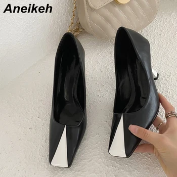 

Aneikeh 2020 Spring Fashion Square head Basic Women's Pumps Sexy Blue Patchwork Stilettos High Heels Ladies OL Dress Party Pumps