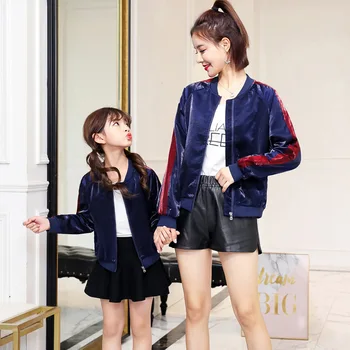 

WLG mommy and me clothes family clothing autumn striped dark blue cartoon jacket fashion coat