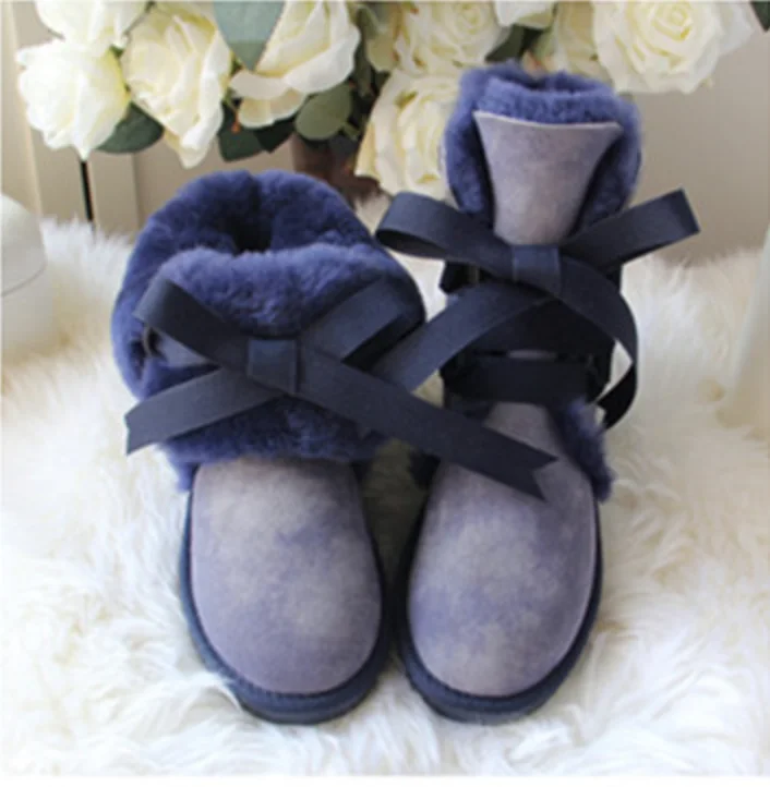 Dark blue Рождественские зимние ботинки для девочек; зимние ботинки на овечьем меху; ботинки принцессы; кожаные ботинки на плоской подошве с бантом; высококачественные теплые ботинки для девушек - Цвет: Dark blue