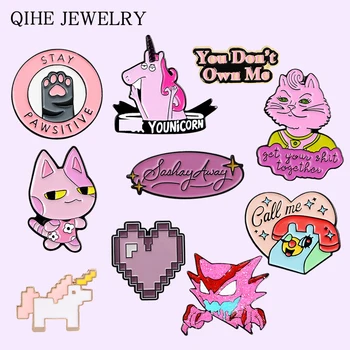 

Pink Collection Enamel Pin Cat Horse Demon Secret File Record Heart Round Don't Own Me Badge For Girl Gift Brooch Pin Wholesale