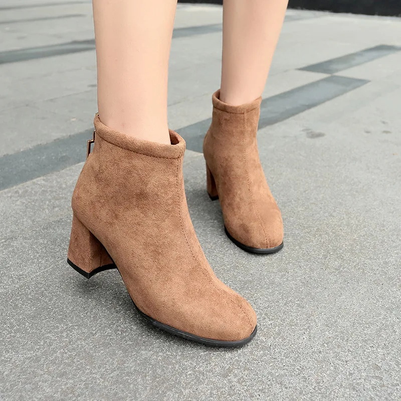 

Zipper Pointed Toe Chelsea Boots Women Ankle High Square Heel Boots Solid Wool Winter Ladies Shoes